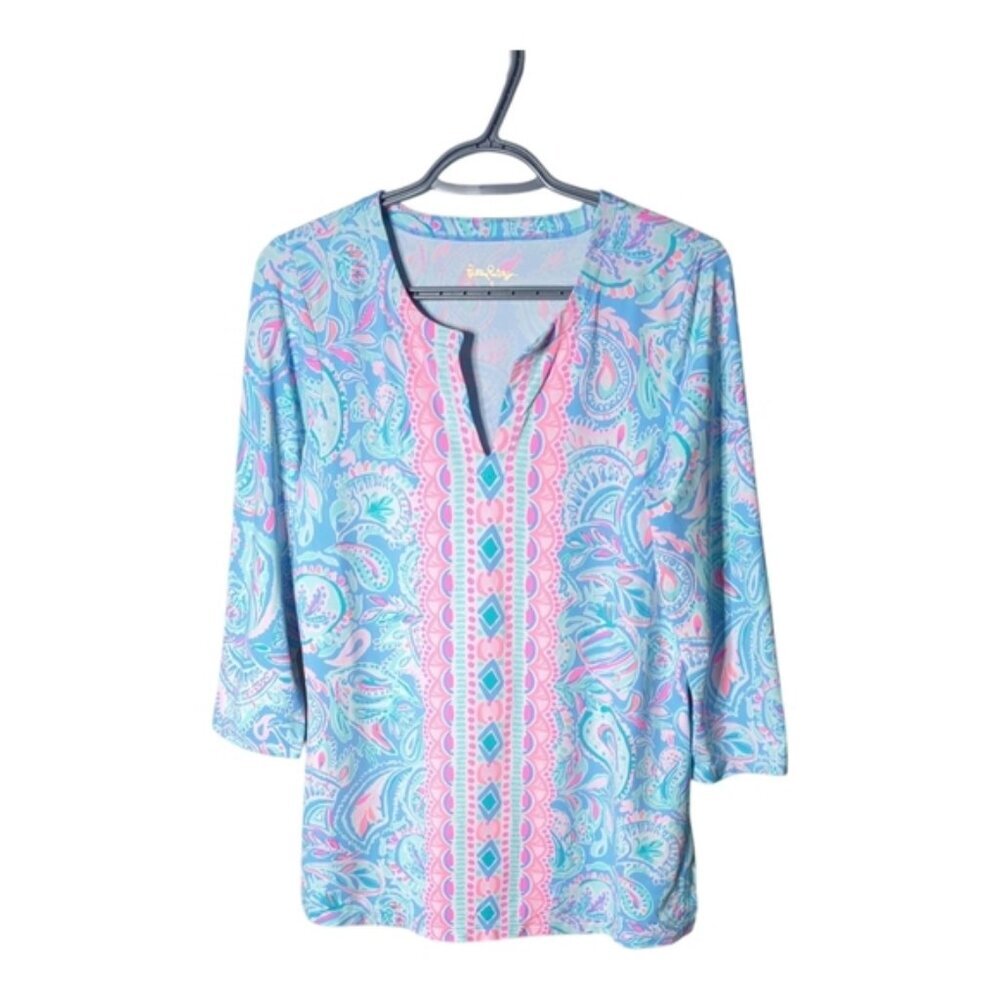 Lilly Pulitzer UPF‎ 50+ ChillyLilly Karina Tunic Pink Blue Paisley Print Size Sm
